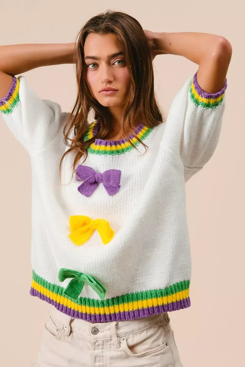 BiBi Short Puff Sleeve Ribbon Bow Mardi Gras Sweater - Makw Official Site