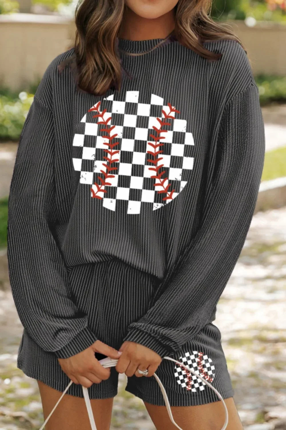Corded Checkerboard Baseball Graphic Long Sleeve Top and Shorts Set - Makw Official Site