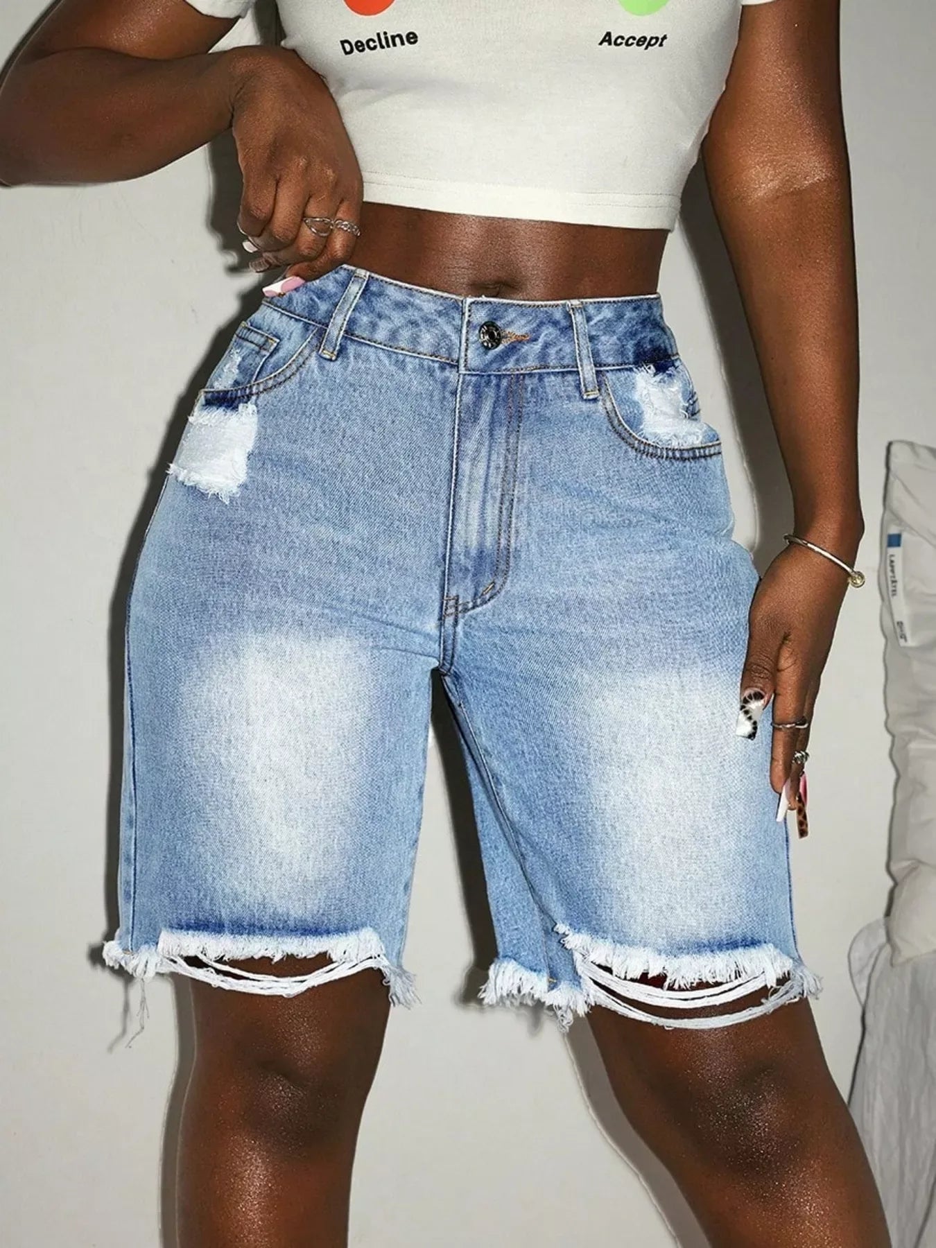 Distressed High Waist Frayed Hem Denim Shorts - Makw Official Site