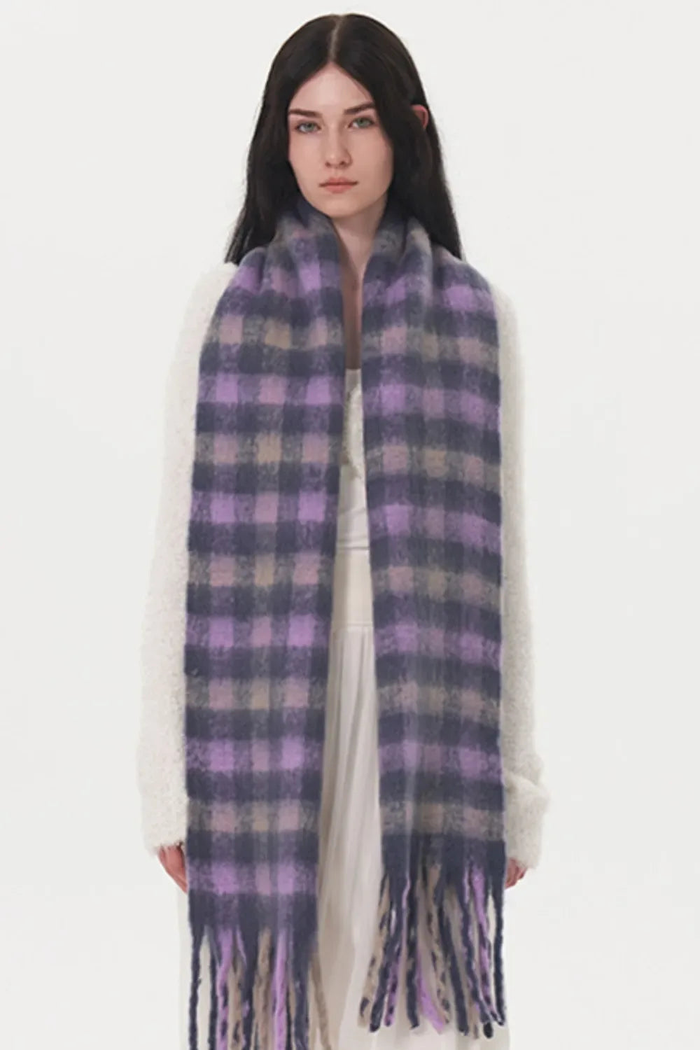 Fringe Plaid Polyester Scarf - Makw Official Site