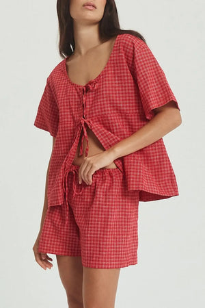 Plaid Tied Scoop Neck Short Sleeve Top and Drawstring Shorts Set - Makw Official Site