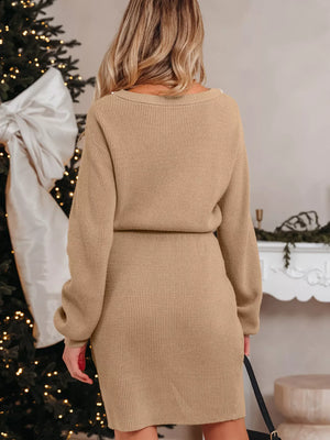 Pearl Embellished Keyhole Ribbed Sweater Dress - Makw Official Site