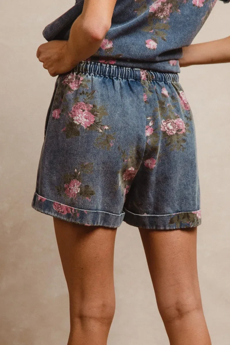 BiBi Floral Printed Denim Short Pants With Pocket - Makw Official Site
