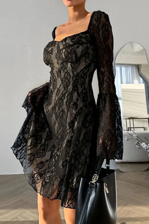 Lace Sweetheart Neck Flare Sleeve Mini Dress - Makw Official Site