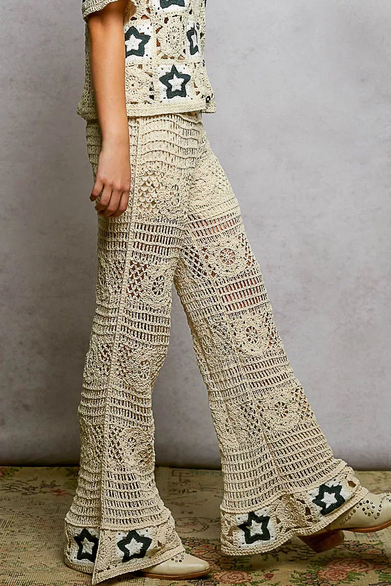 POL Openwork Crochet Flare Pants with Contrast Star - Makw Official Site