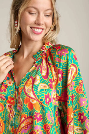Umgee Satin Paisley Ruffle Neck Button-Up Shirt - Makw Official Site