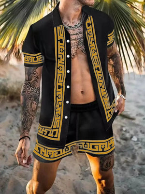 Men's Full Size Printed Collared Neck Short Sleeve Top and Shorts Set Plus Size - Makw Official Site