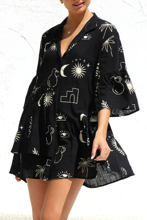 Ruched Printed Three-Quarter Sleeve Mini Dress - Makw Official Site