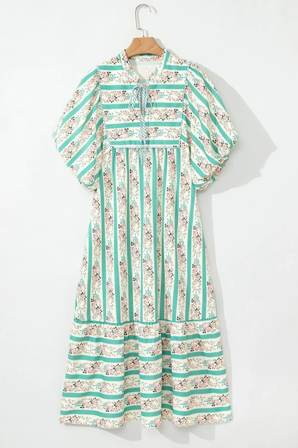 Striped Floral Print Tie Neck Puff Sleeve Midi Dress - Makw Official Site