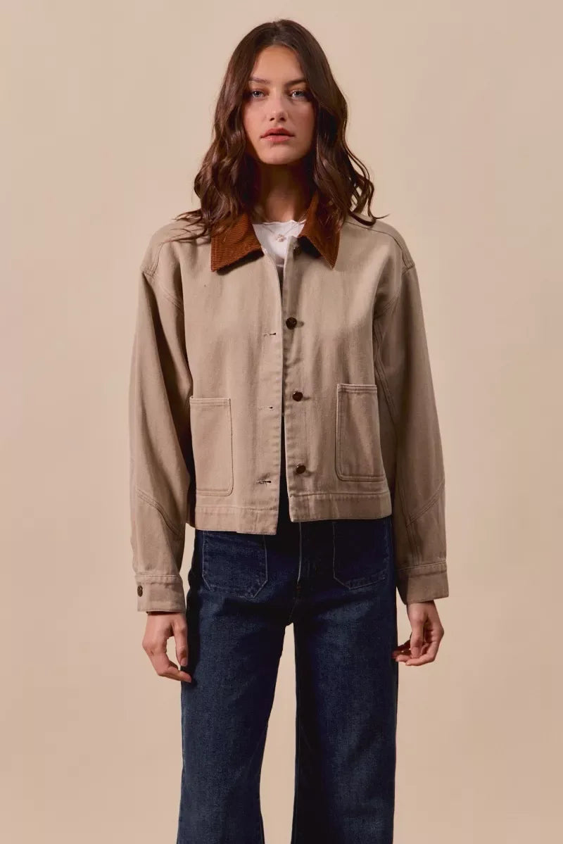 SO ME Cotton Twill Cropped Barn Jacket wtih Collar - Makw Official Site