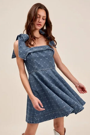 SO ME A Line Fit and Flare Diamond Bow Ribbon Denim Dres - Makw Official Site