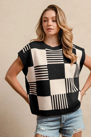 BiBi Checker With Stripes Pattern Sleeveless Sweater - Makw Official Site
