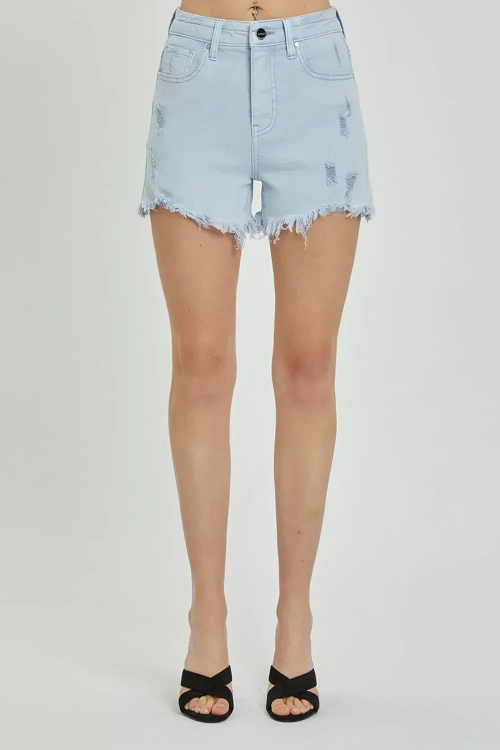 RISEN Full Size High Rise Distressed Detail Denim Shorts - Makw Official Site
