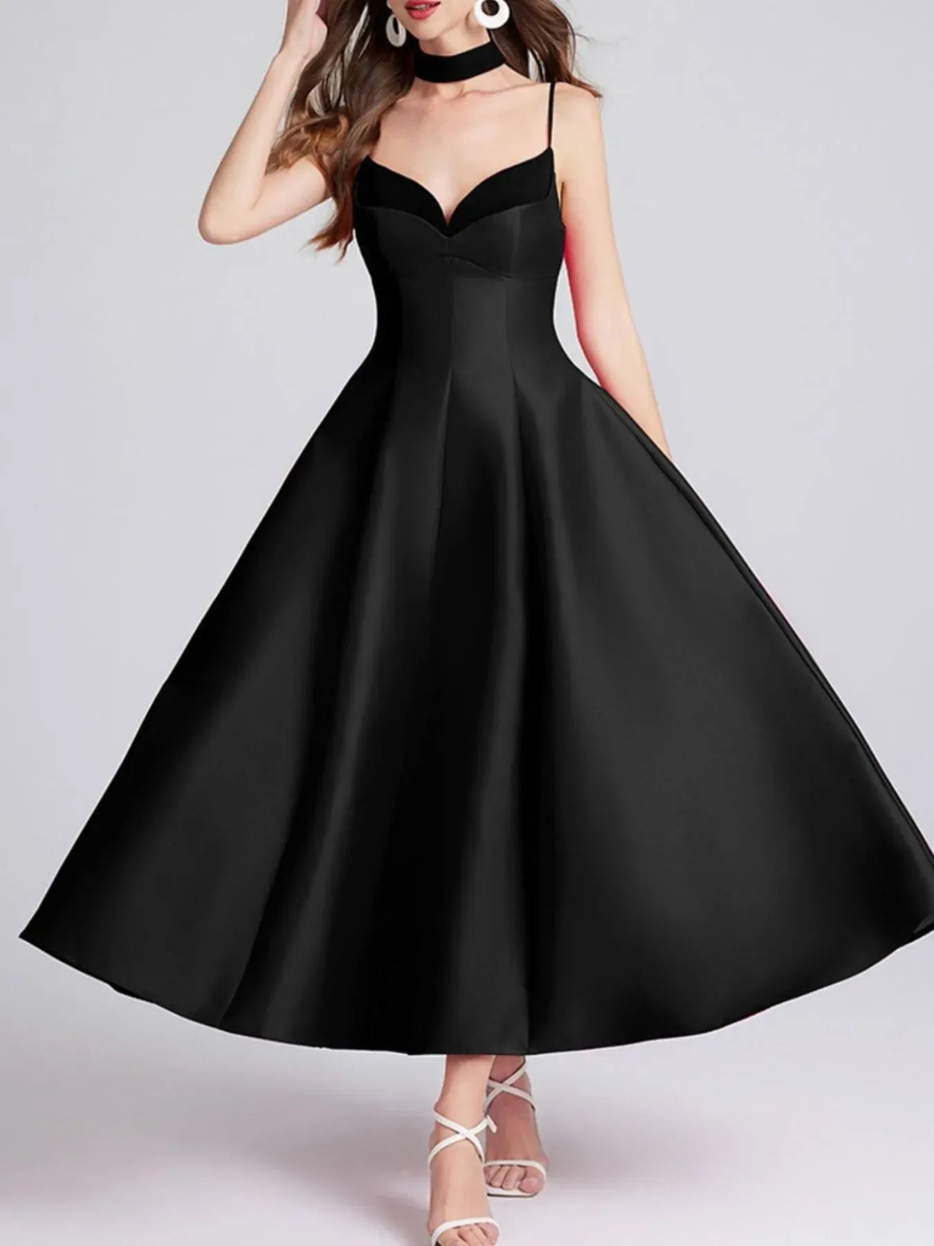 Sweetheart Spaghetti Strap Midi Dress with Collar - Makw Official Site