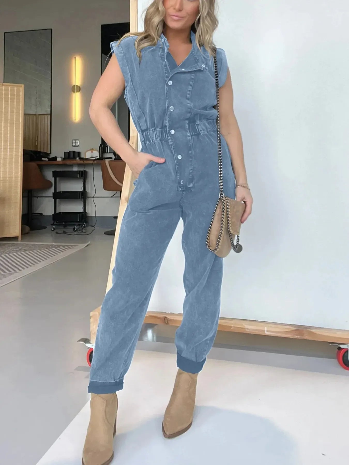 Full Size Button Front Cap Sleeve Denim Jumpsuit Plus Size - Makw Official Site