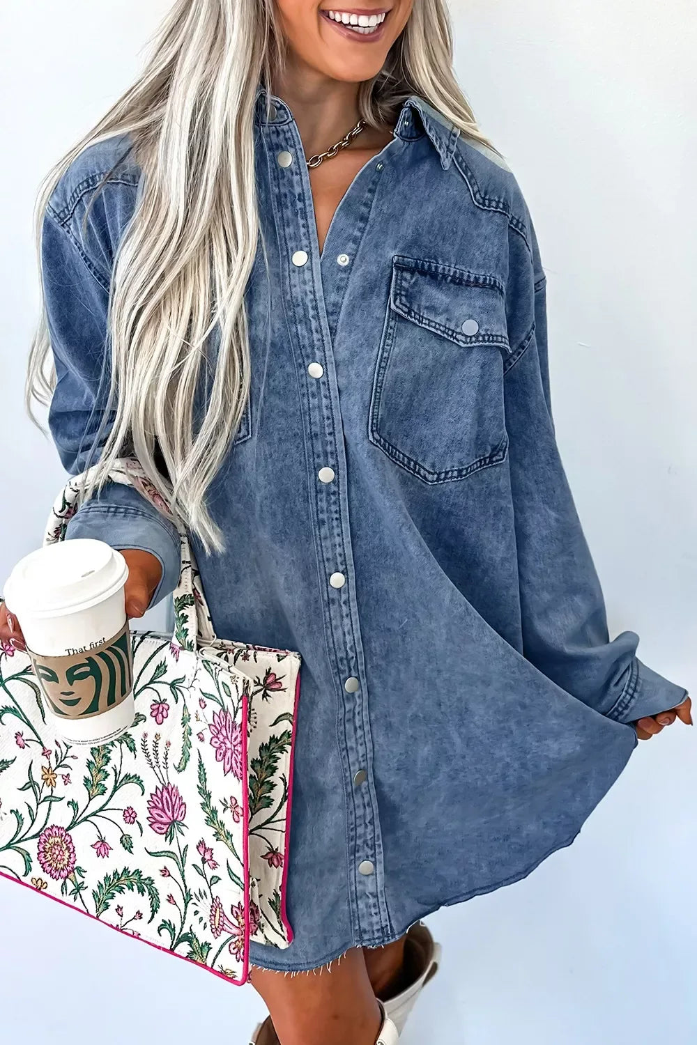 Vintage Wash Button-Down Denim Dress - Makw Official Site