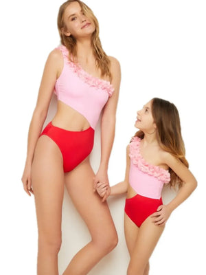 Cutout One Shoulder Contrast Parent-Child Swimwear - Makw Official Site