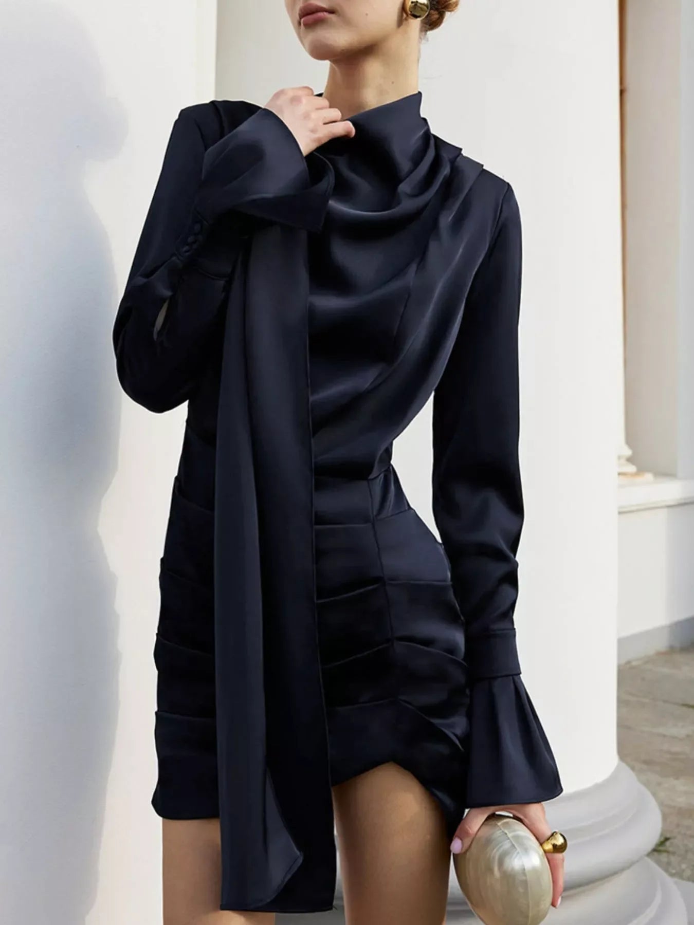 Mock Neck Flounce Sleeve Dress - Makw Official Site