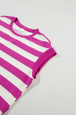 Stripe Cap Sleeve Pocketed Shift Tee Dress - Makw Official Site