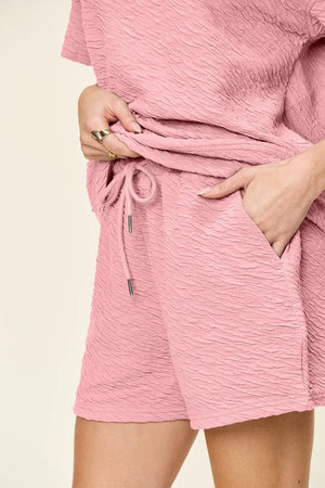 Double Take Full Size Texture Short Sleeve T-Shirt and Drawstring Shorts Set - Makw Official Site