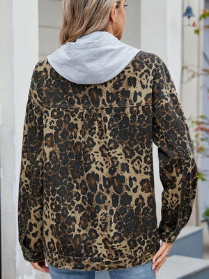 Pocketed Leopard Long Sleeve Denim Jacket - Makw Official Site