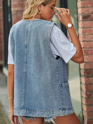 Full Size V-Neck Button Up Denim Vest - Makw Official Site