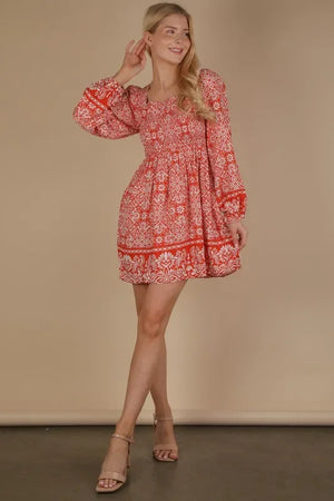 VERY J Printed Smocked Chest Boho Mini Dress - Makw Official Site