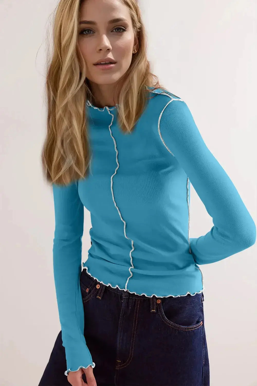 Basic Bae Contrast Trim Mock Neck Long Sleeve T-Shirt - Makw Official Site