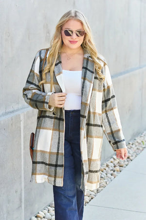 Double Take Full Size Plaid Button Up Lapel Collar Coat - Makw Official Site