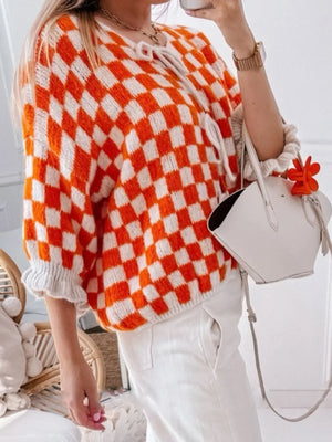 Checkered Tie-Front Knit Cardigan - Makw Official Site