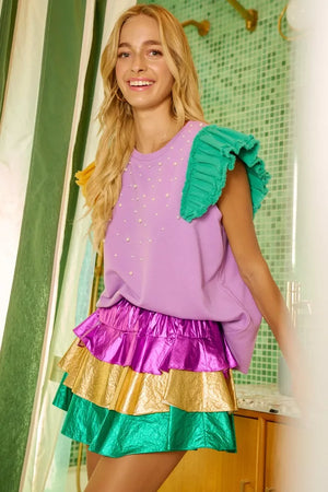 BiBi Mardigras Theme Frayed Edge Ruffled Top - Makw Official Site
