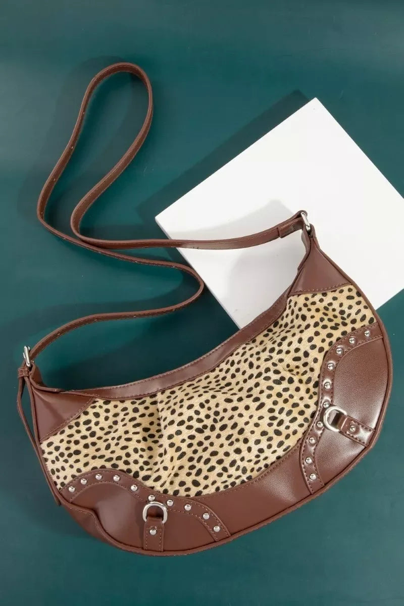 Fame Spotted Leopard Print Half Moon Shoulder Bag - Makw Official Site