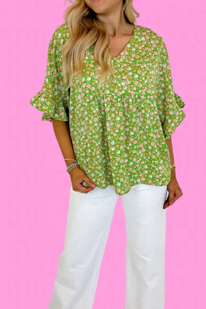 Ruffled Floral V-Neck Half Sleeve Blouse - Makw Official Site