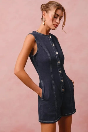 SO ME Button Up Front Washed Denim Sleeveless Romper - Makw Official Site