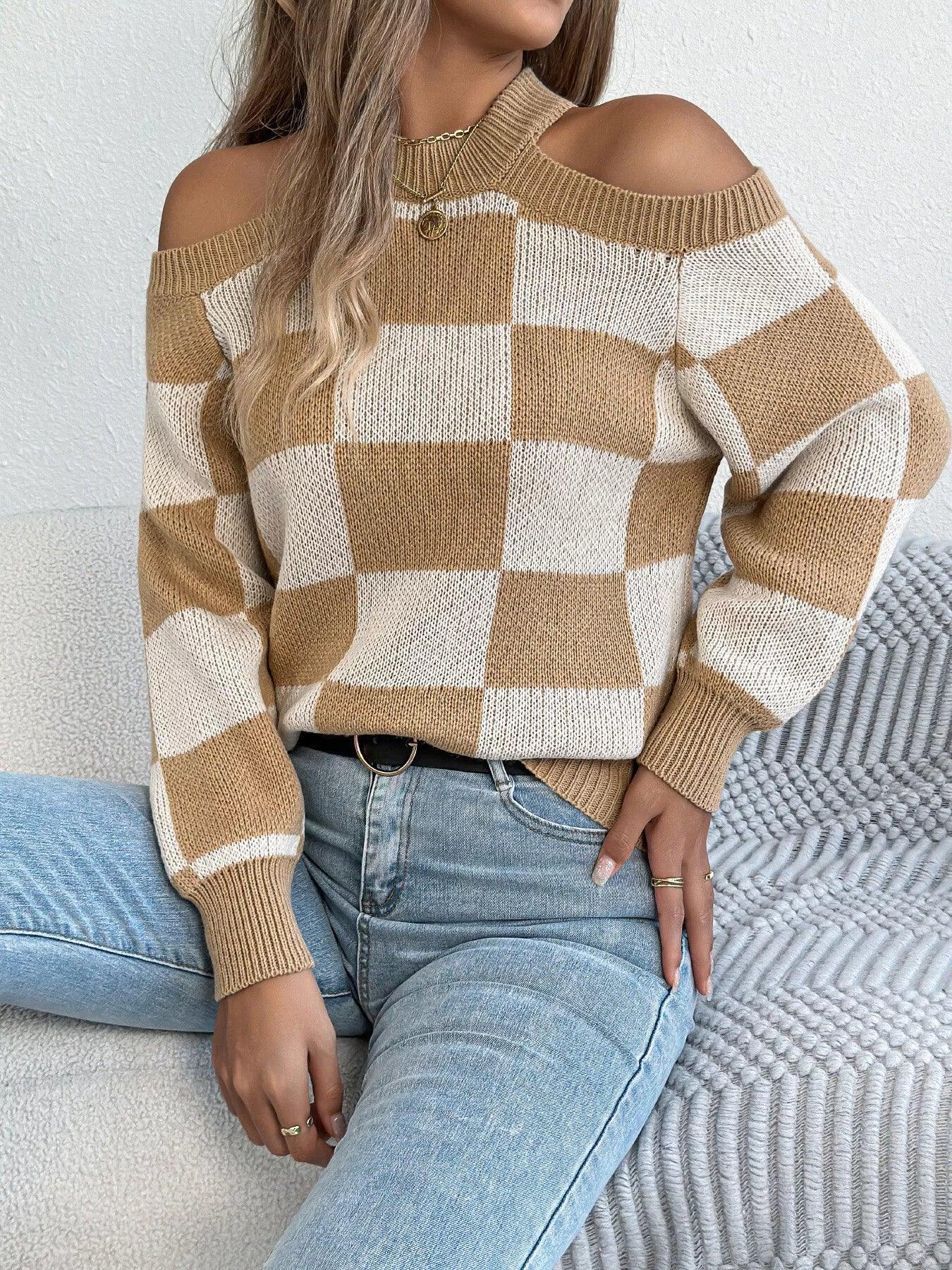 Cold Shoulder Checkered Long Sleeve Sweater - Makw Official Site
