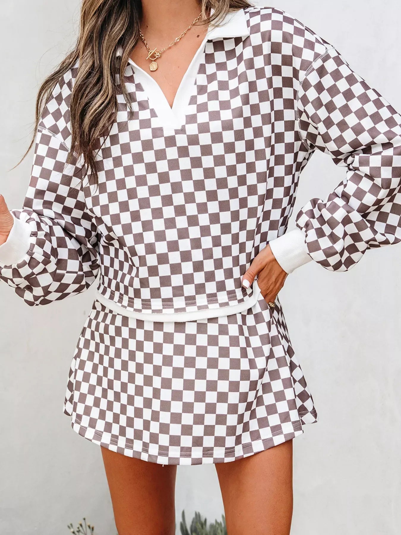 Checkered Print Polo Collar Cropped Long Sleeve Top and Drawstring Mini Skirt Set - Makw Official Site