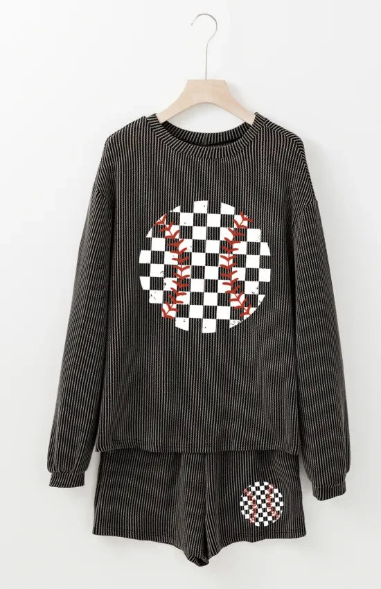 Corded Checkerboard Baseball Graphic Long Sleeve Top and Shorts Set - Makw Official Site