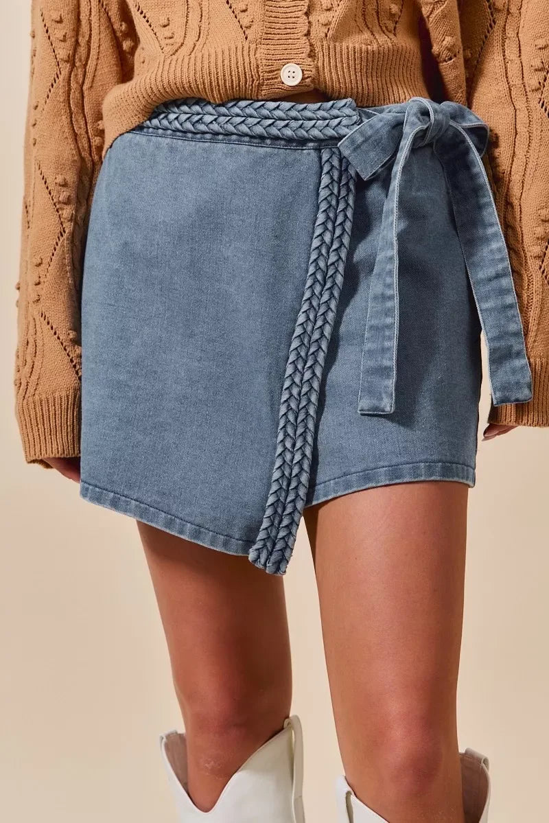 SO ME Wrap Braided Trimmed Denim Skort - Makw Official Site