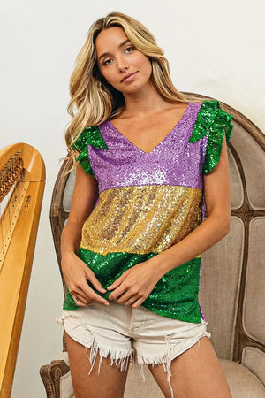 BiBi Mardi Gras Sequin Color Block Ruffled Top - Makw Official Site