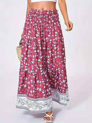 Full Size Tiered Printed Elastic Waist Skirt - Makw Official Site