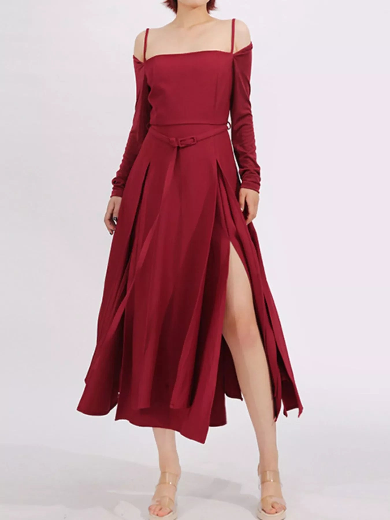 Slit Spaghetti Strap Long Sleeve Dress - Makw Official Site