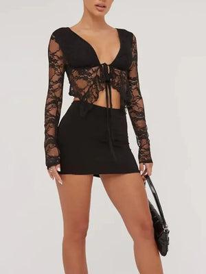 Tied Plunge Long Sleeve Lace Cropped Shirt - Makw Official Site