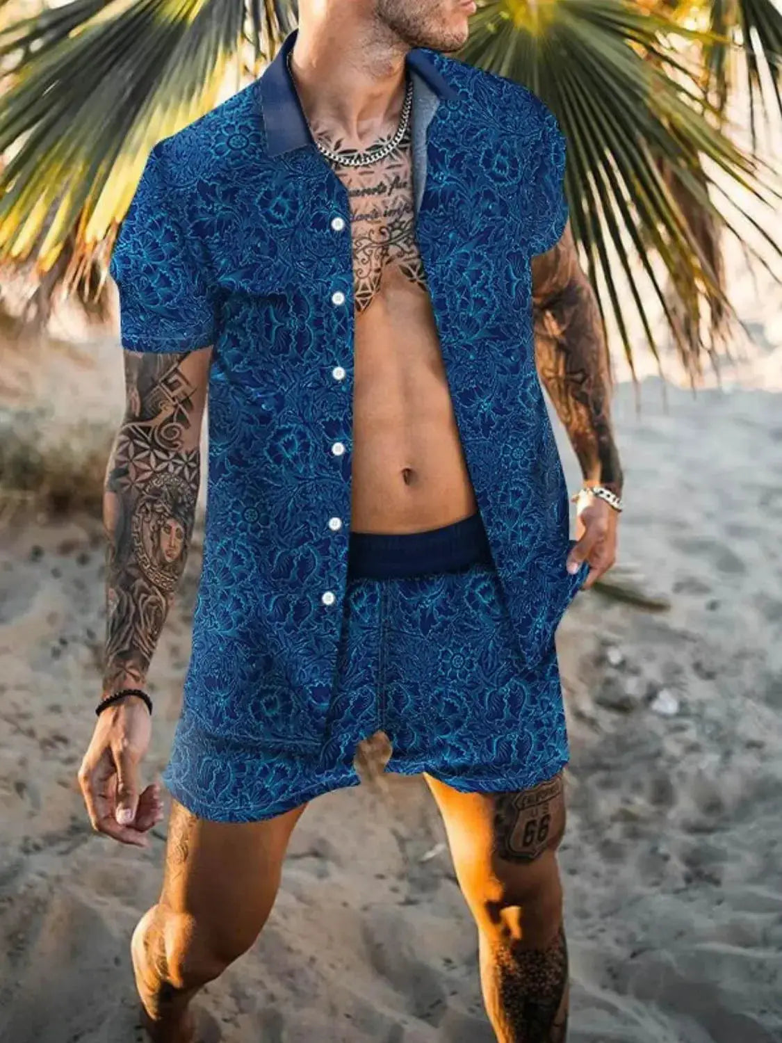 Men's Full Size Printed Collared Neck Short Sleeve Top and Shorts Set Plus Size - Makw Official Site