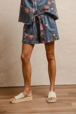BiBi Floral Printed Denim Short Pants With Pocket - Makw Official Site