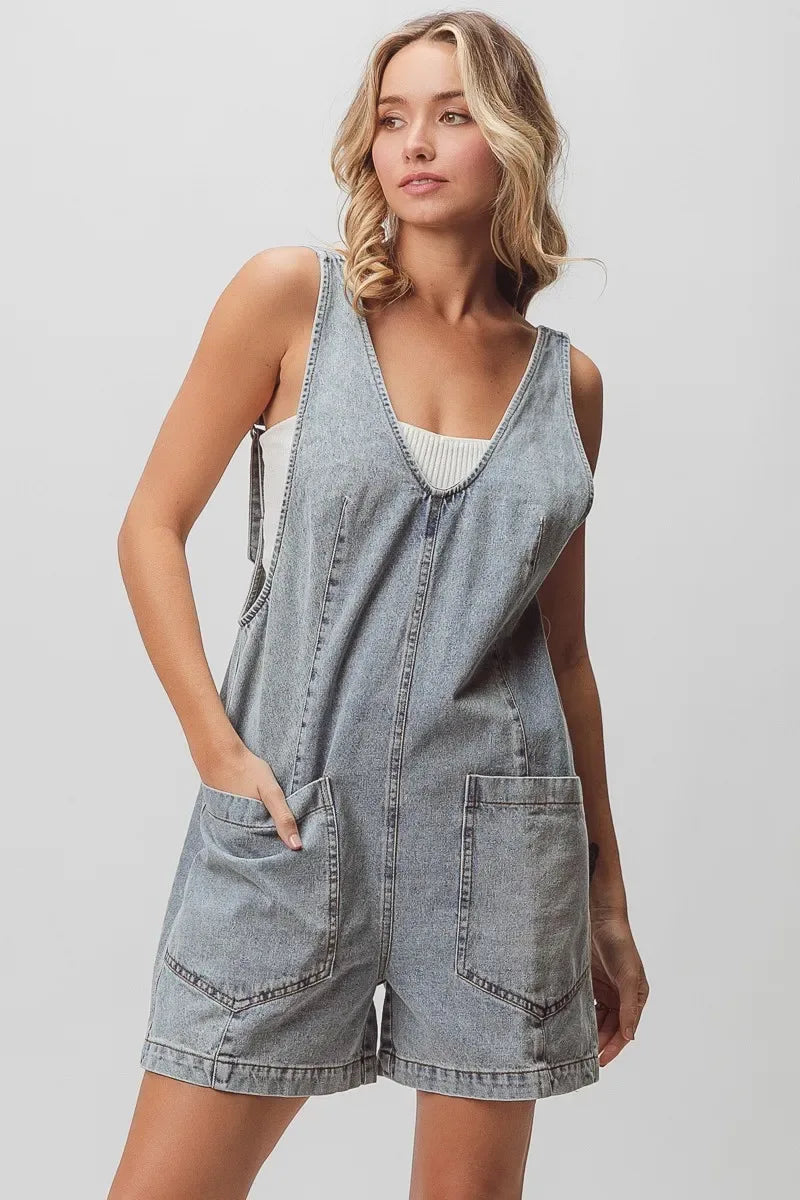 BiBi Patch Vintage Washed Denim Shortall - Makw Official Site