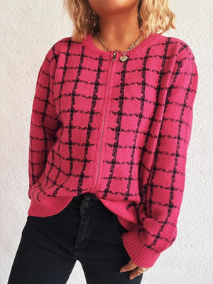 Plaid Pattern Zip Up Cardigan - Makw Official Site