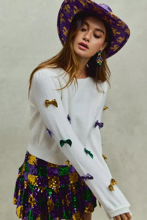 SO ME Mardi Gras Glitter Bow Ribbon Sweater Knit Top - Makw Official Site