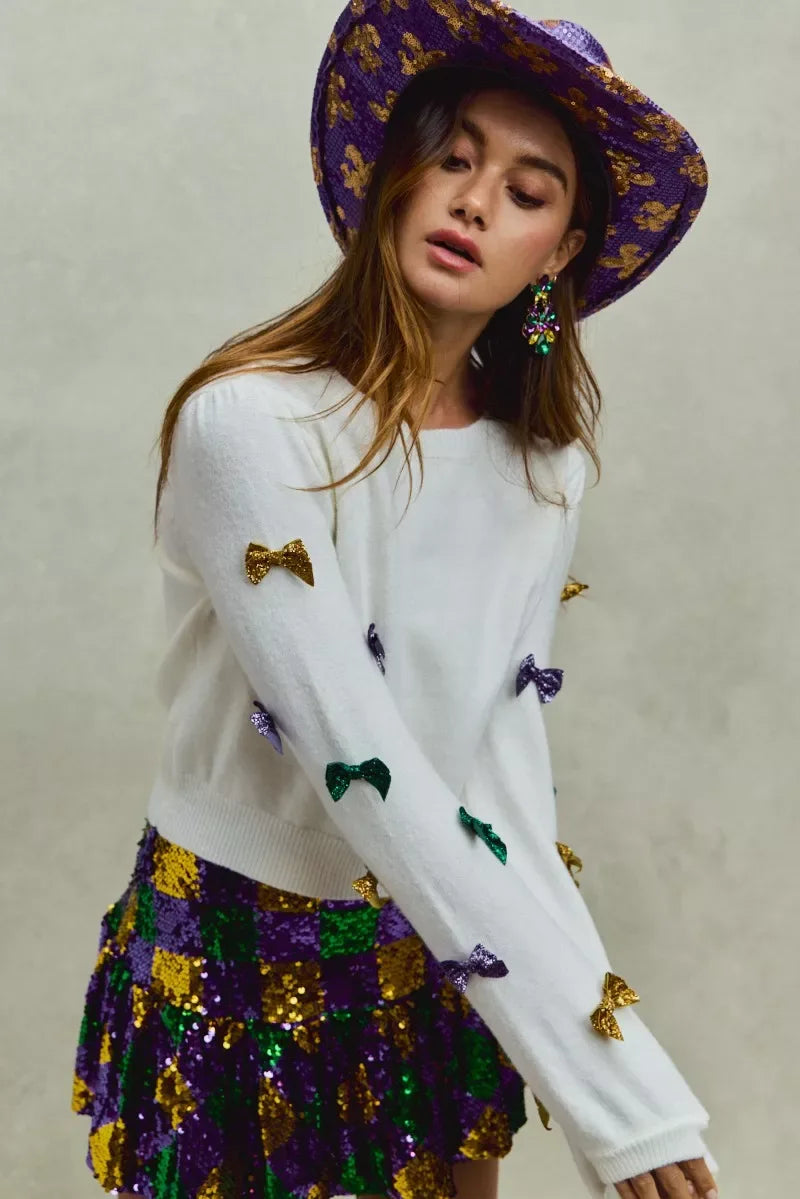 SO ME Mardi Gras Glitter Bow Ribbon Sweater Knit Top - Makw Official Site