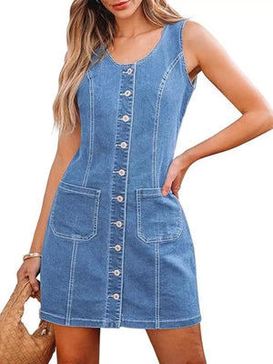 Button-Front Sleeveless Denim Dress - Makw Official Site
