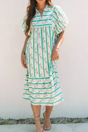 Striped Floral Print Tie Neck Puff Sleeve Midi Dress - Makw Official Site